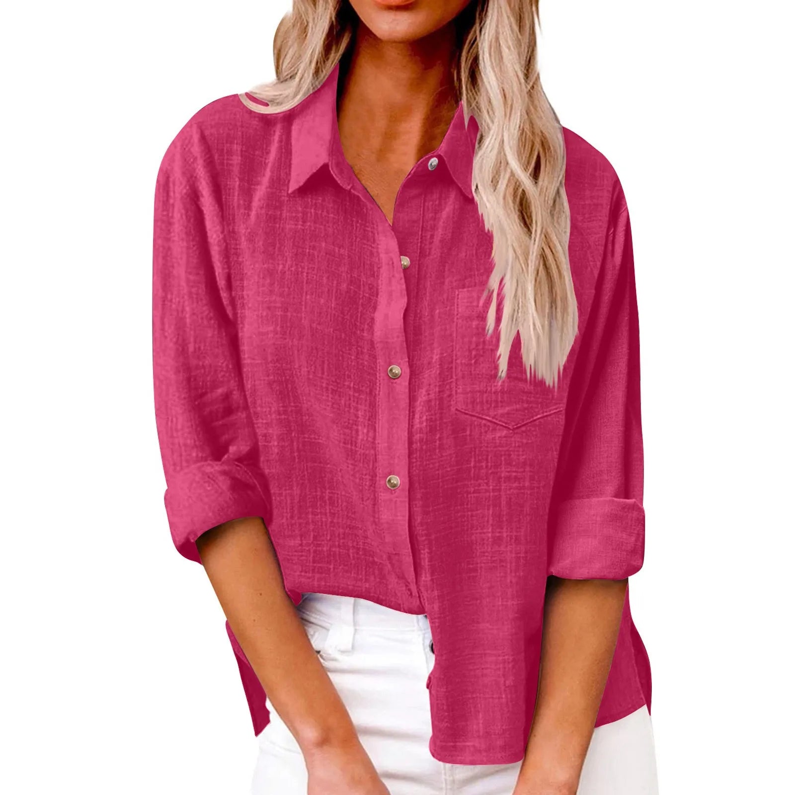 Women’s Long Sleeve Turn Down Collar Solid Color Retro Versatile T-shirts Large Sized Daily Basic Minimalist Dress Shirt For Lad Qme