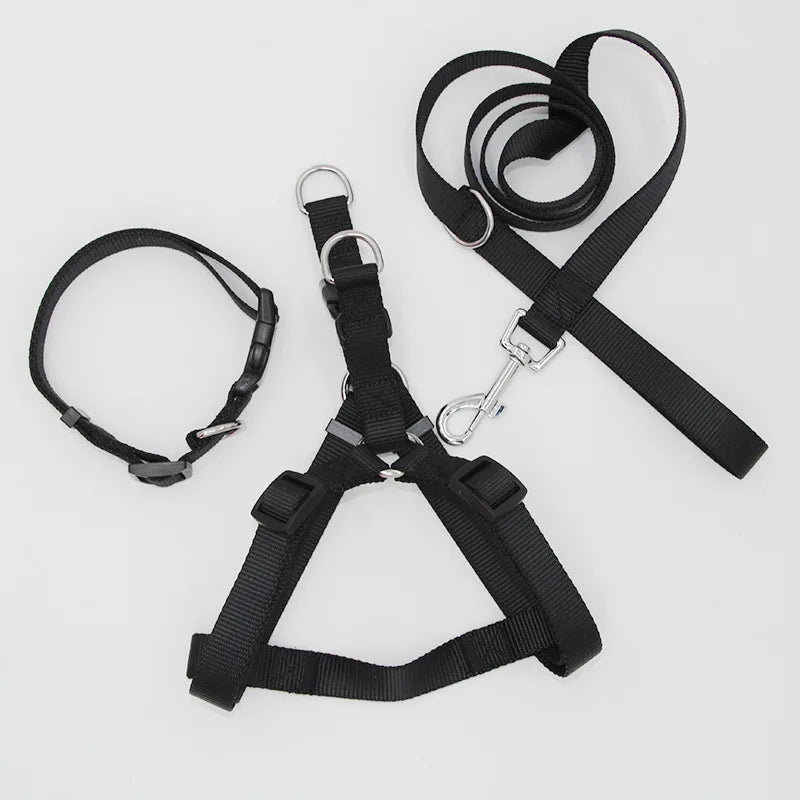 B 2/3Pcs Solid Nylon Dog Harness Collar Leash Set, Adjustable Breathable Traction Kit For Dogs Daily Walking Training Qme Black 3pcs set 2.0