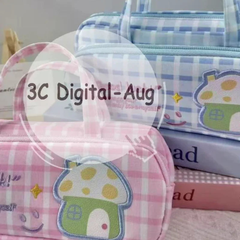 Plaid Pattern Double Layer Student Pencil Case 2 Zippers Handle Water Qme