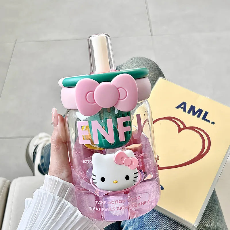 Cute, Stylish Hello Kitty Glass Cup Office Tea Cup for Women with Straw for Separating Tea and Water Heat-Resistant Coffee Cup Qme