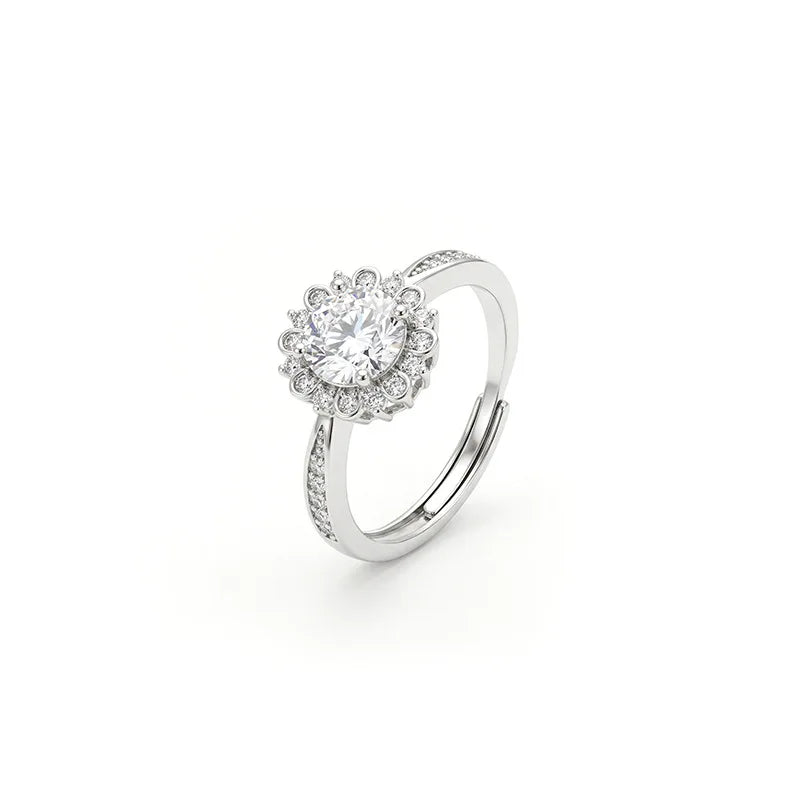 Sunflower Halo Cubic Zirconia Engagement Ring Adjustable Open Band Silver Tone Promise Wedding Band for Women Bridal Jewelry Qme