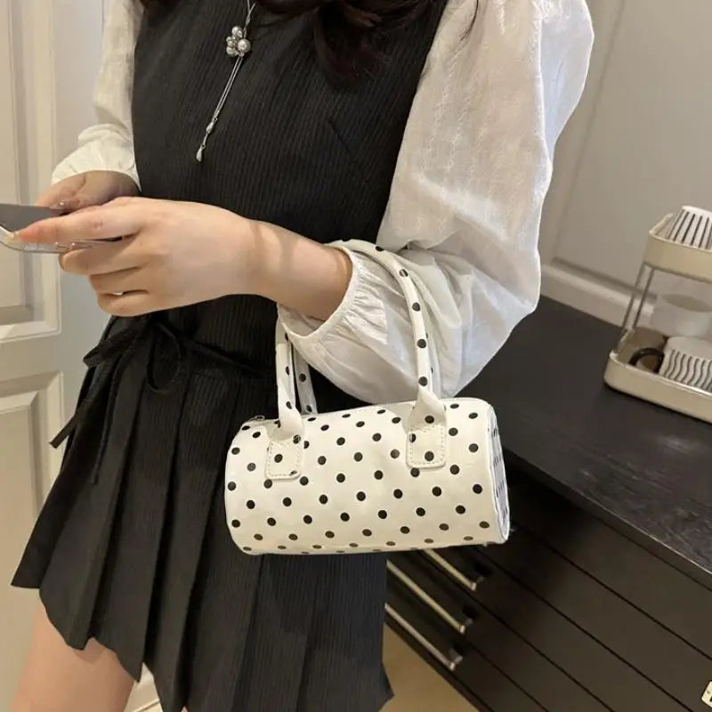Korean Polka Dot Crossbody Bag Barrel Shape Mini Handle Purse Daily Casual Shoulder Bag Women's Cute Elegant Underarm Bag Qme