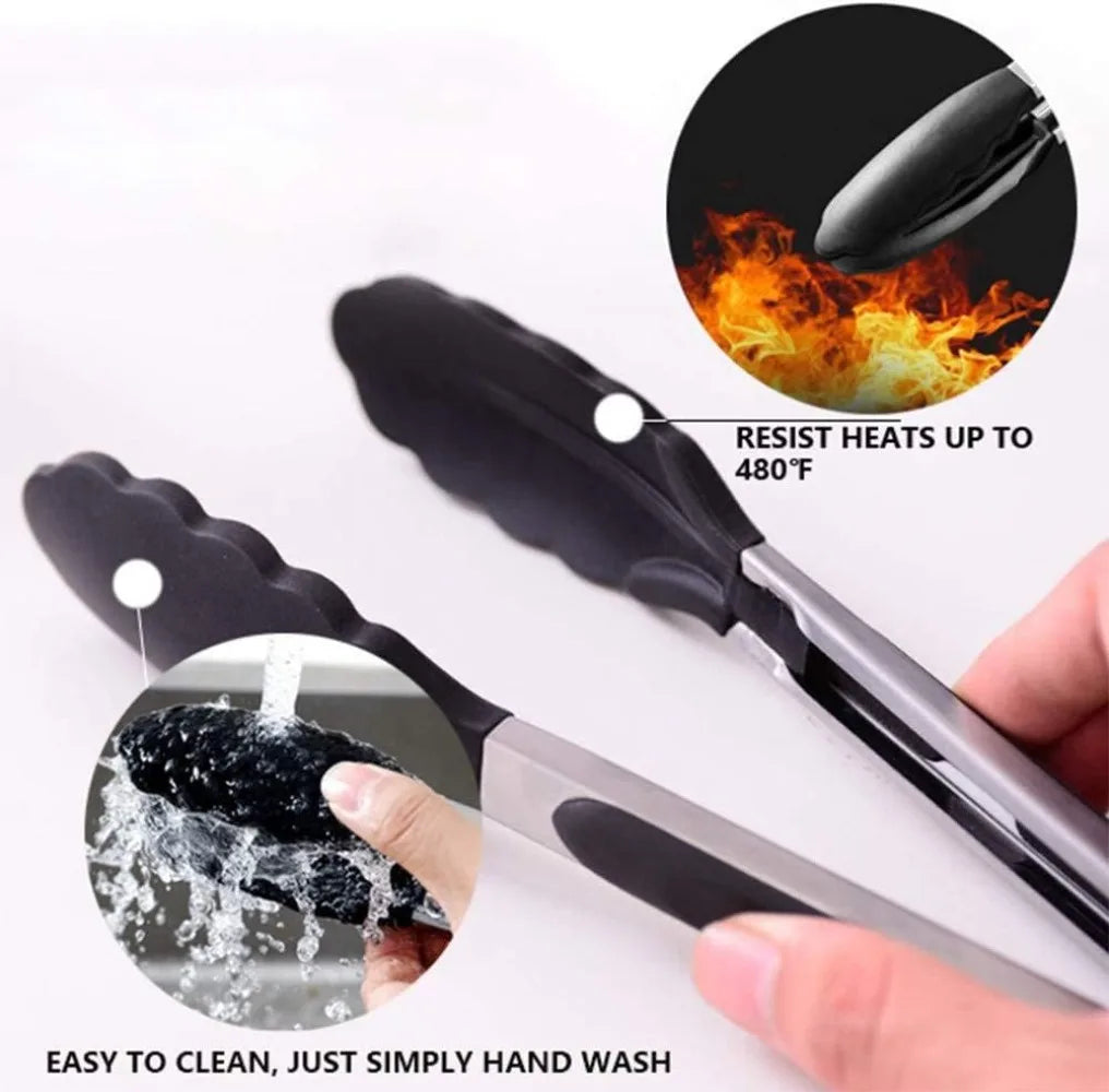Multi-Size Lock Kitchen Tongs 7/9/12Inch Silicone Tip Heat Resistant Barbecue Gadget for Home Cooking Outdoor BBQ Use Qme