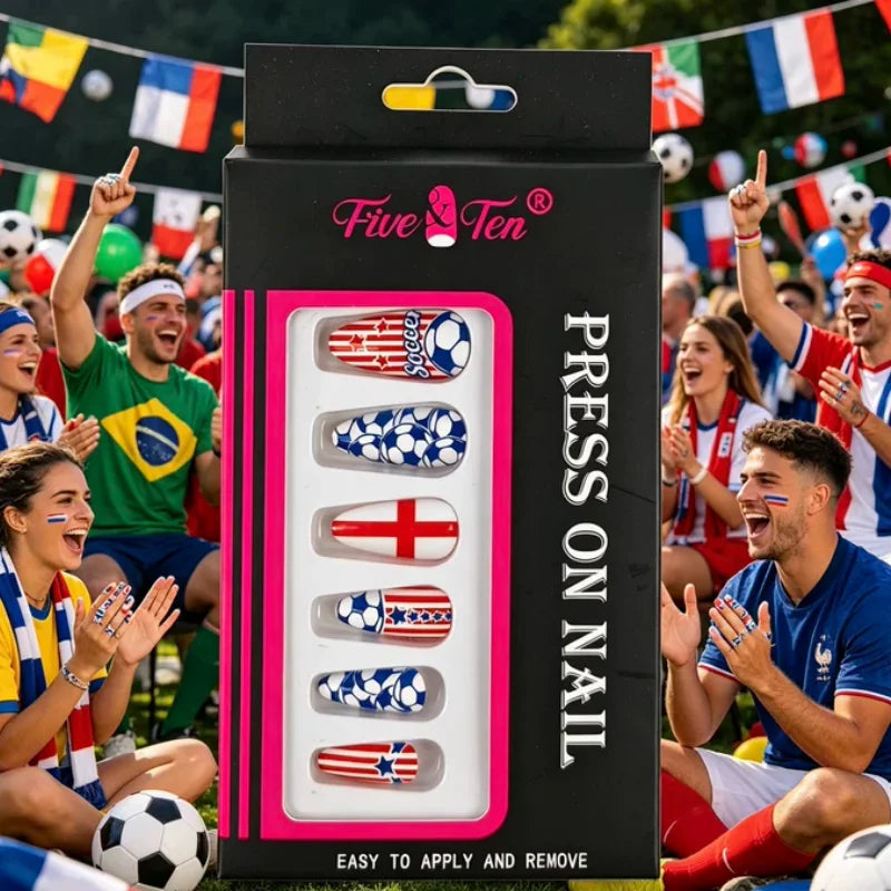 Red Blue Star Soccer Press On Nails Fan Party False Nails Easy To Apply And Remove Qme