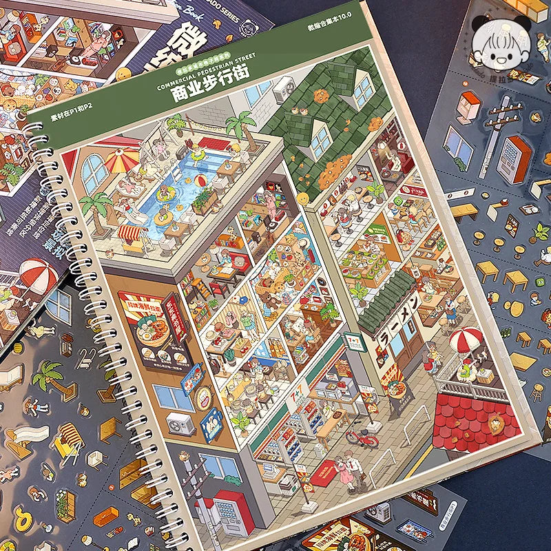 TIANZI 21 Pcs Creative Cartoon 3D Landscape Sticker Book PET DIY Cabin Scene Pocket Sticker Miniature House Sticker Cabin Scene Qme