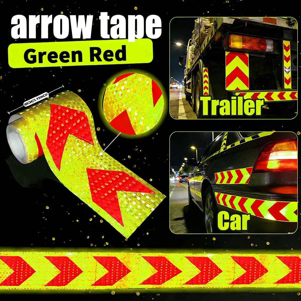 4Inch Waterproof Arrow Reflective Tape Safety Caution Warning Stickers Conspicuity Reflectors for DIY Car Truck Vehicle Warning Qme Green Red 1m 10cm