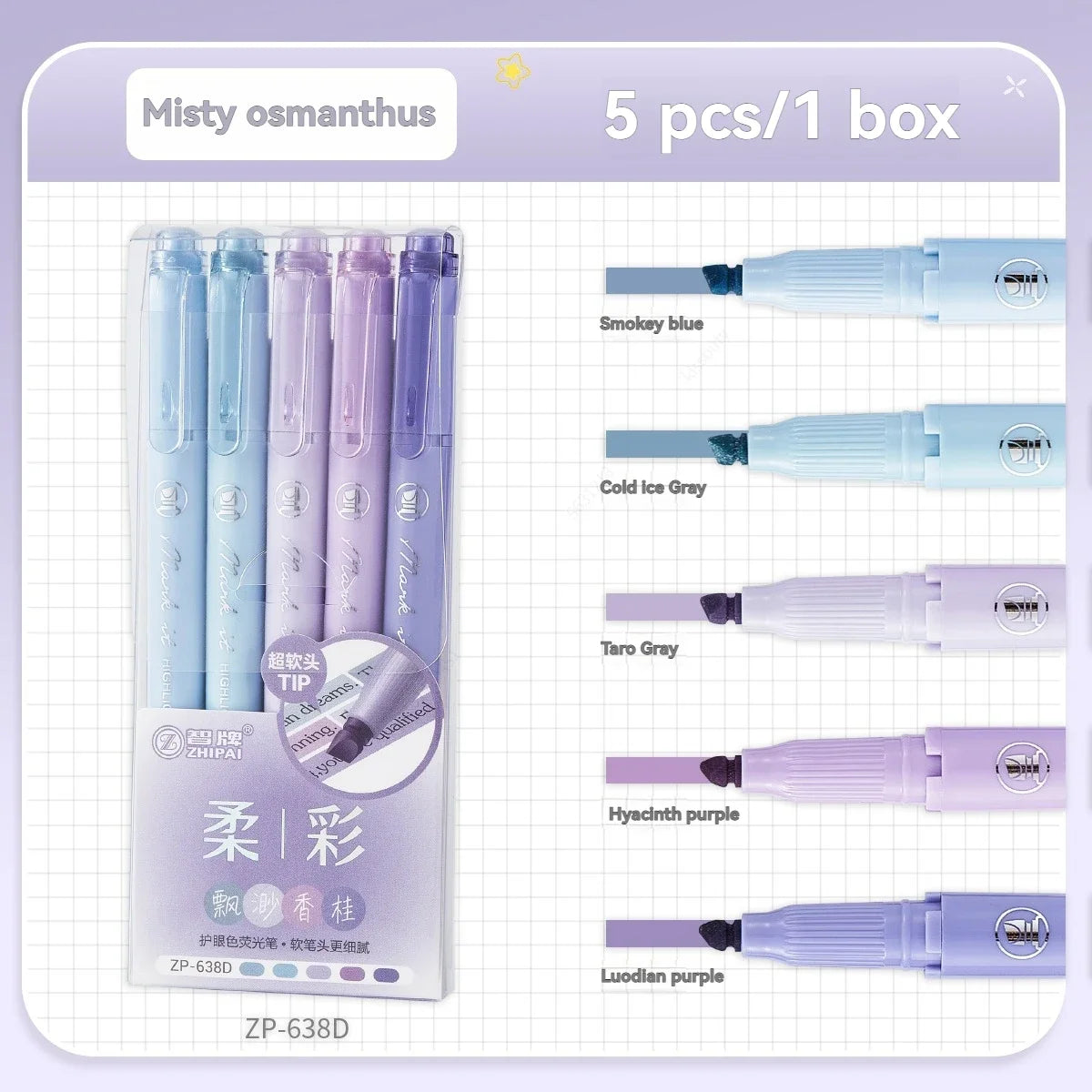 5Pcs/set Pastel Highlighters Marker Colors Fluorescent Hook Pen Colored Mark Pen Japanese Stationery School Supplies Kawaii Qme Dreamy purple