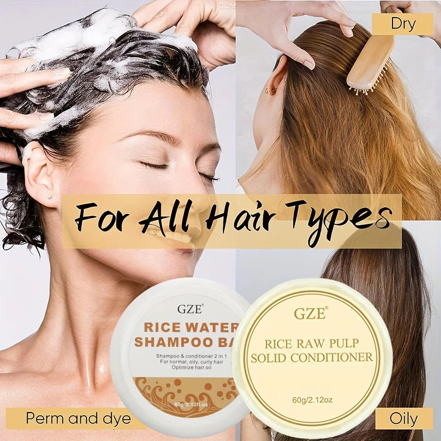 GZE Rice Water Shampoo Bar Soap and Rice Raw Pulp Solid Conditioner For Hair Strengthening, Helps Dry Hair Moisturizing Qme