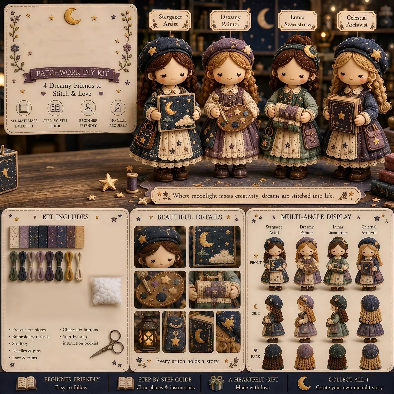 New Beautiful Girls Patchwork DIY Kit Handmade Felt Doll Sewing Craft for Beginner Includes All Materials Unique Gift Qme D One Size
