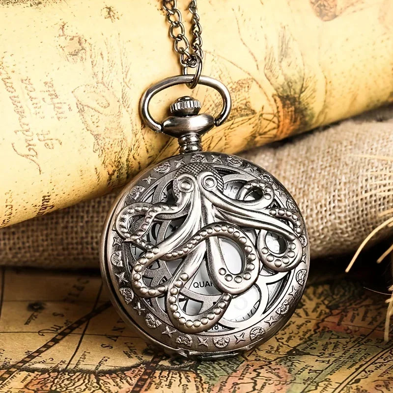 Antique Octopus Hollow Semi-Hunter Quartz Pocket Watch Steampunk Black Pocket Watch Necklace Chain Child Gift Watch Qme