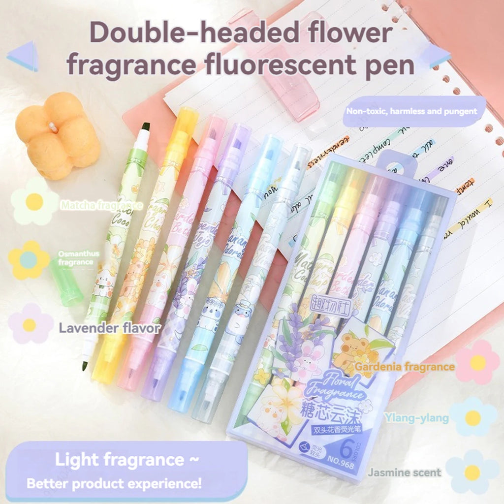 6Pcs/Set Dual Tip Fragrance Fluorescent Markers Pastel Drawing Pen for Student School Office Supplies Cute Stationery Qme