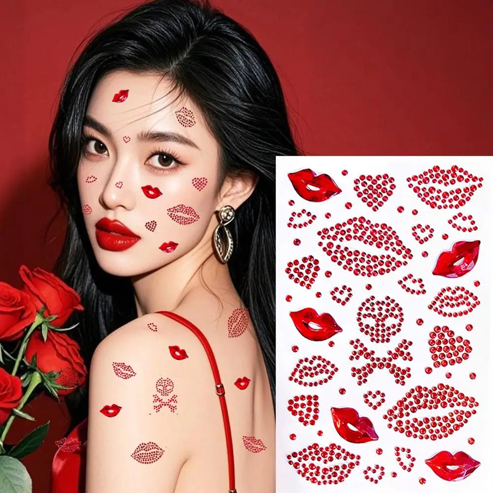 Red Heart Lips Rhinestone Tattoos Self-adhesive Glitter Face Body Qme