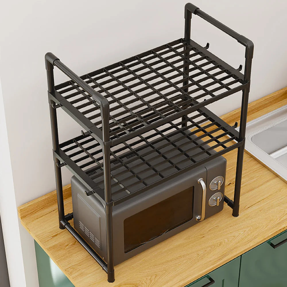 Extra Wide Microwave Stand - 2-Tier Heavy-Duty Kitchen Shelf for Oven Toaster & Spice Racks with Handrail Hooks Non-Slip Qme