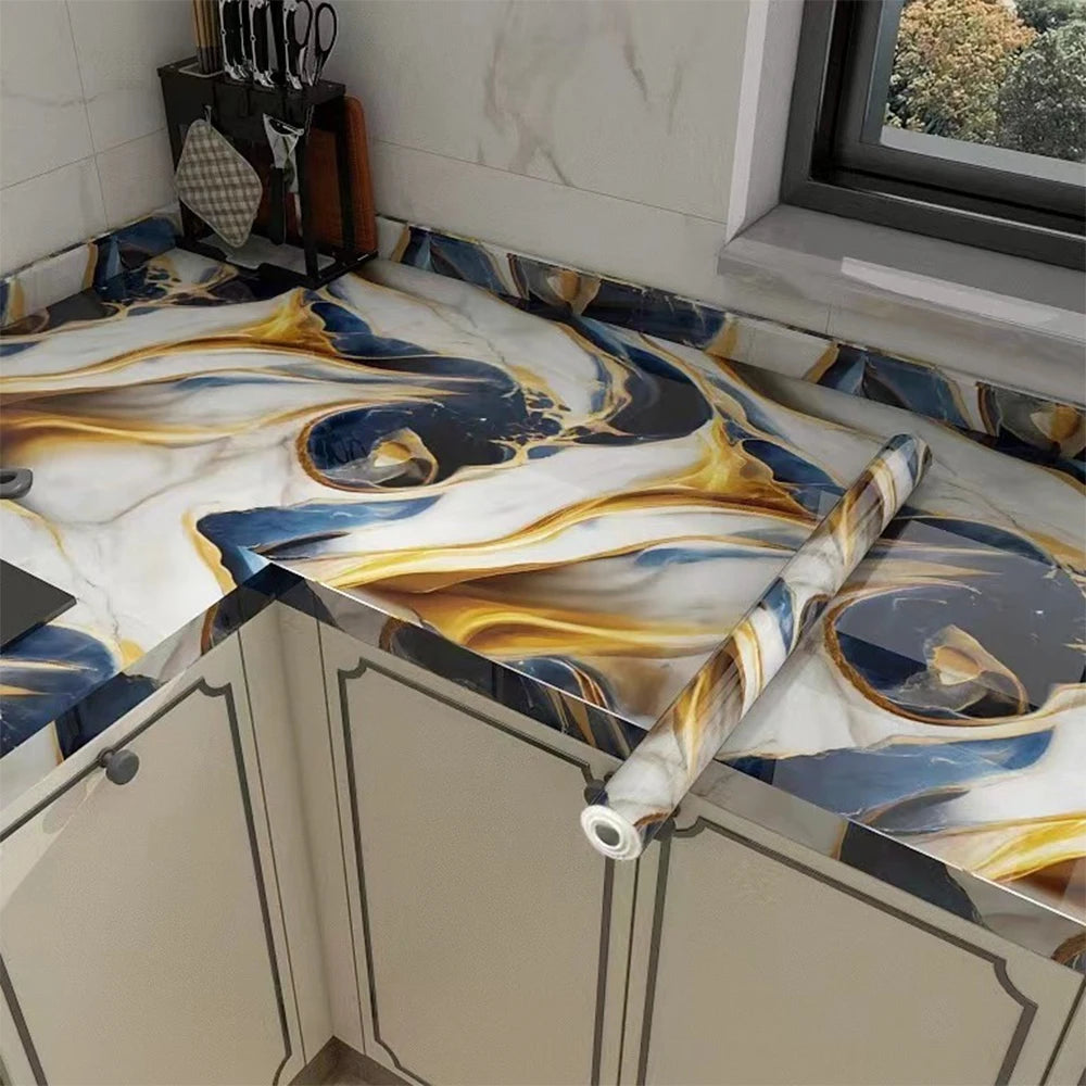 European Style Self Adhesive Wall Sticker Heat Resistant Moisture Proof Wallpaper Marble Pattern for Bedroom Living Room Kitchen Qme