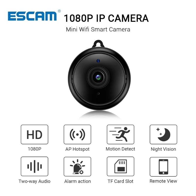 Escam V380 Mini Wifi IP Camera HD 1080P Wireless Indoor Camera Nightvision Two Way Audio Motion Detection Baby Monitor Camera Qme Standard US Plug China Mainland