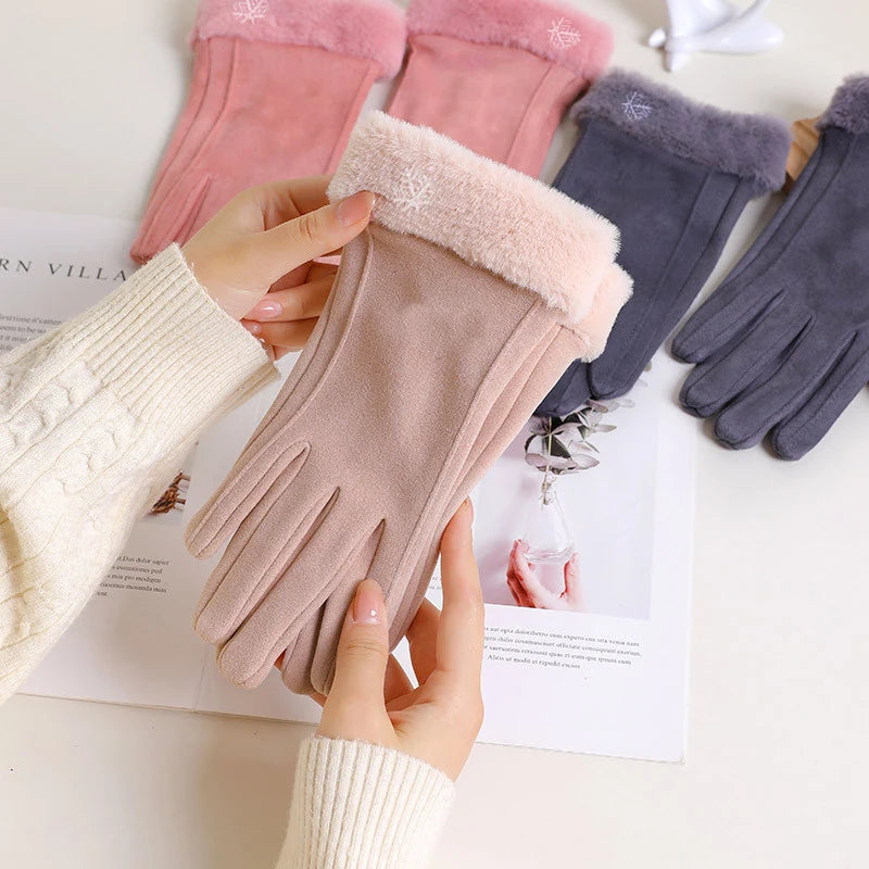 Autumn Winter Warm Suede Gloves Velvet Thickened Plush Decor Cuff Qme