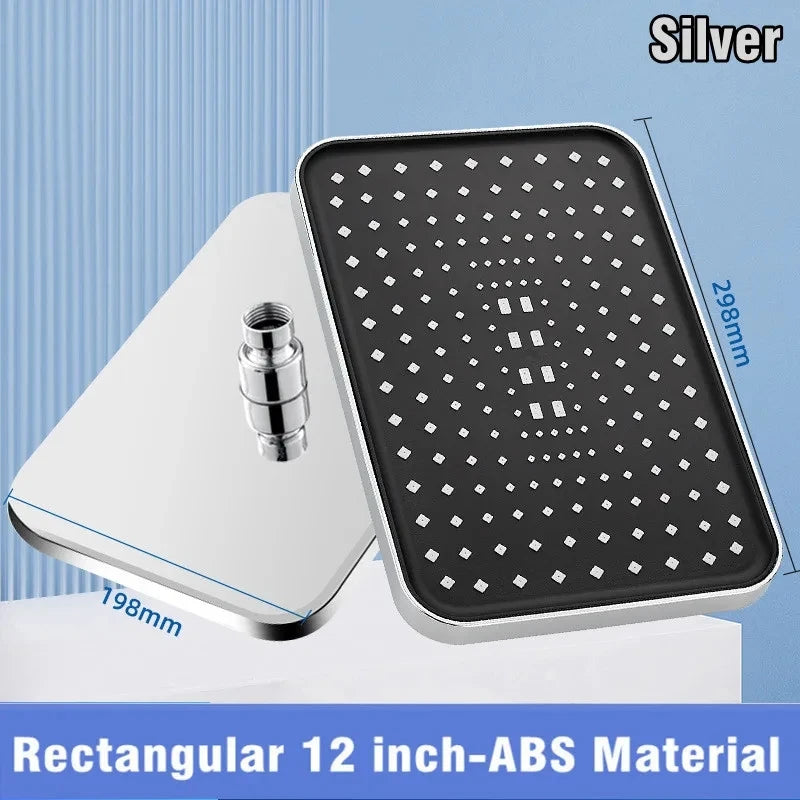 New 12 Inch High Pressure Top Spray Rain Shower Head Larger Flow Supercharge Rainfall Showerhead 360° Swivel Water Saving Qme Rectangular Silver