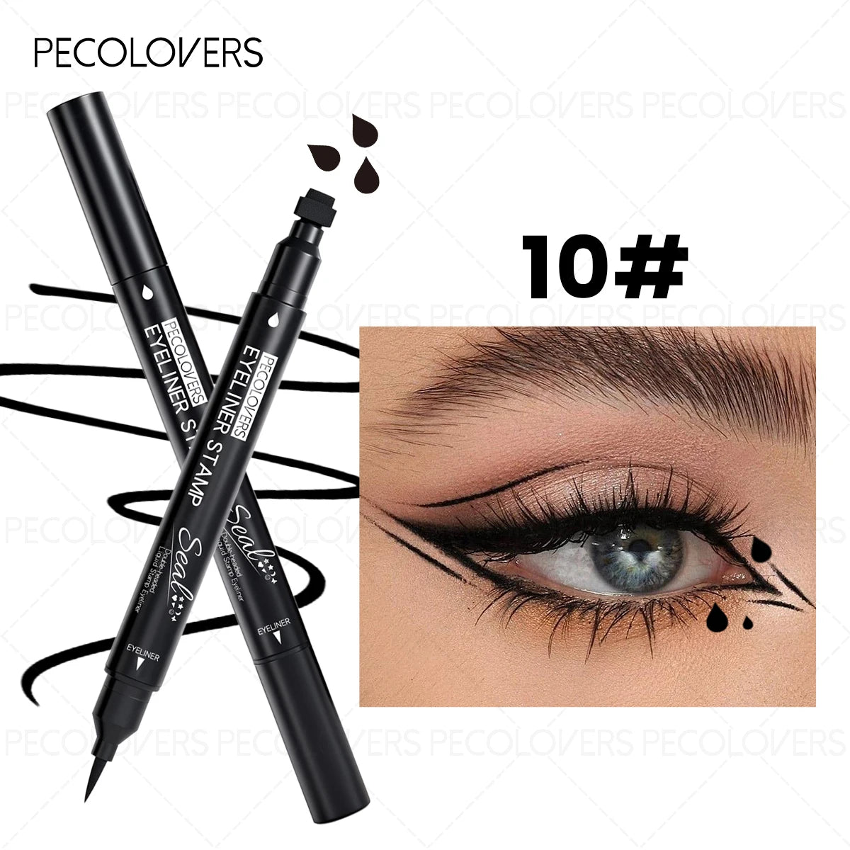 Dual-ended 2-in-1 Eyeliner Stamp, Smooth Black Liquid Eyeliner Pen, Cat Eye Smiley Moon Heart Stamp One-Swipe, Whimsical Makeup Qme 10