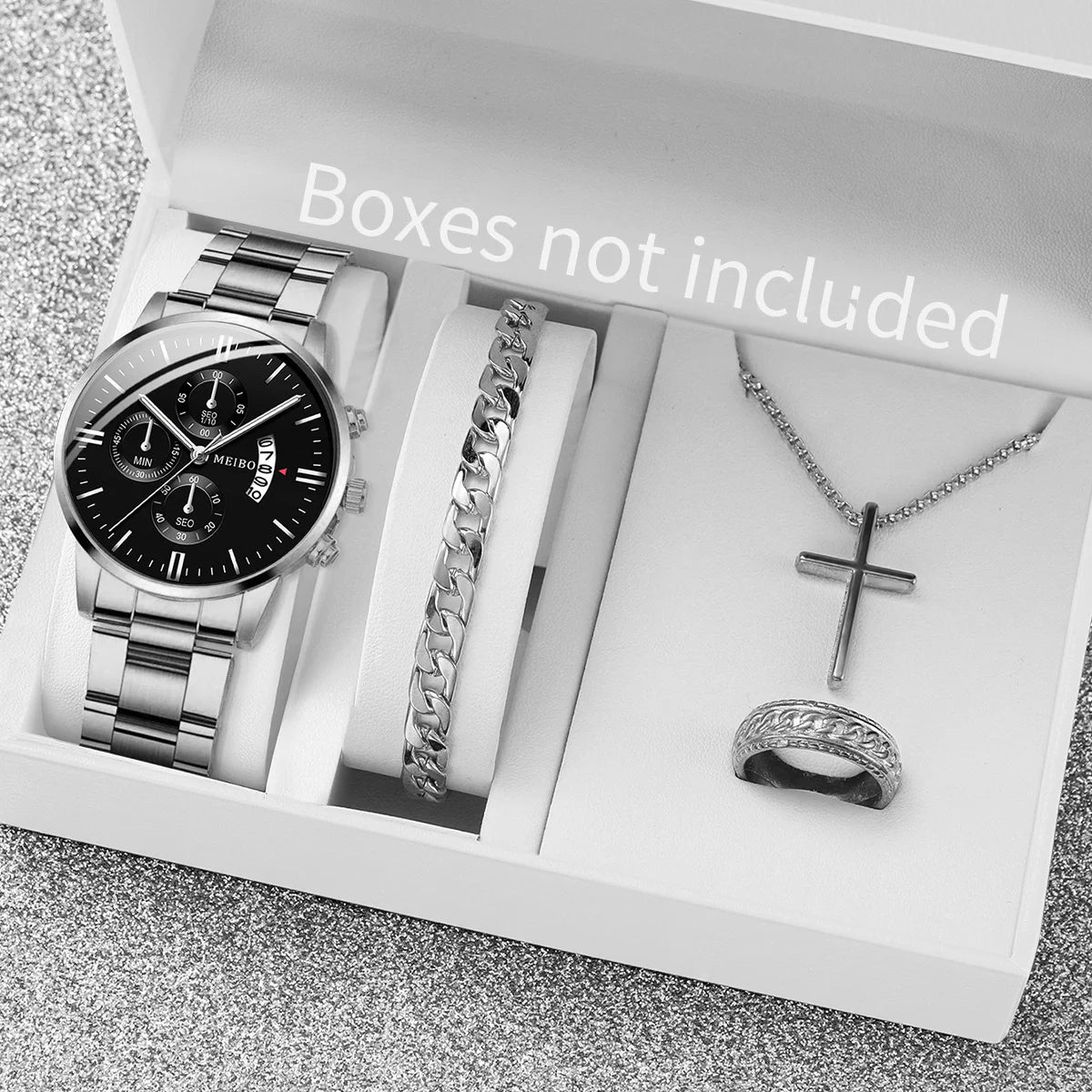 4PCS Men Business Watches Fashion Steel Band Date Quartz Watches Male Wristwatches Jewelry Set Relogio Masculino（Without Box） Qme Silver Without Box