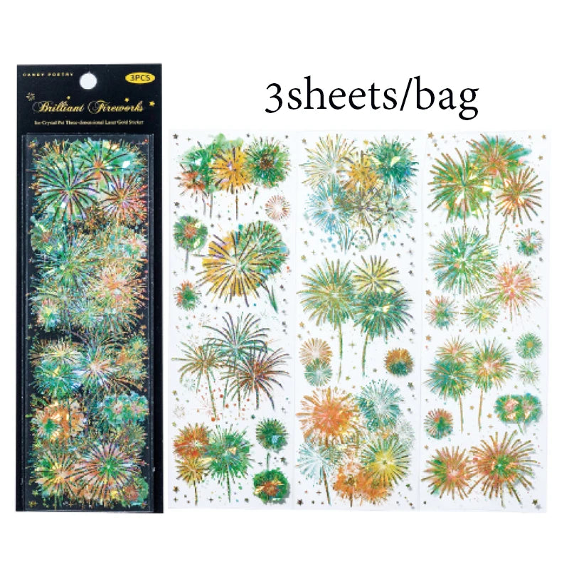 Sticker Pack 3 Sheets/Bag Dazzle Fireworks ThreeDimensional Laser Gold Flat Sheet PET Stickers Handbook Stationery DIY Decorate Qme 4