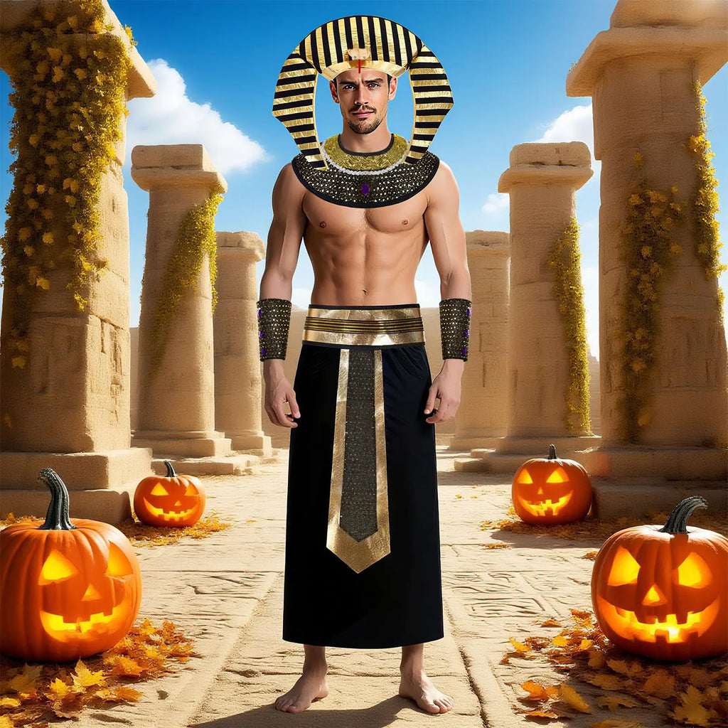 Egyptian Cleopatra Costume Accessories Pharaoh Headpiece Collar Belt Cuffs Halloween Anubis Sphinx Egypt King Tut Qme