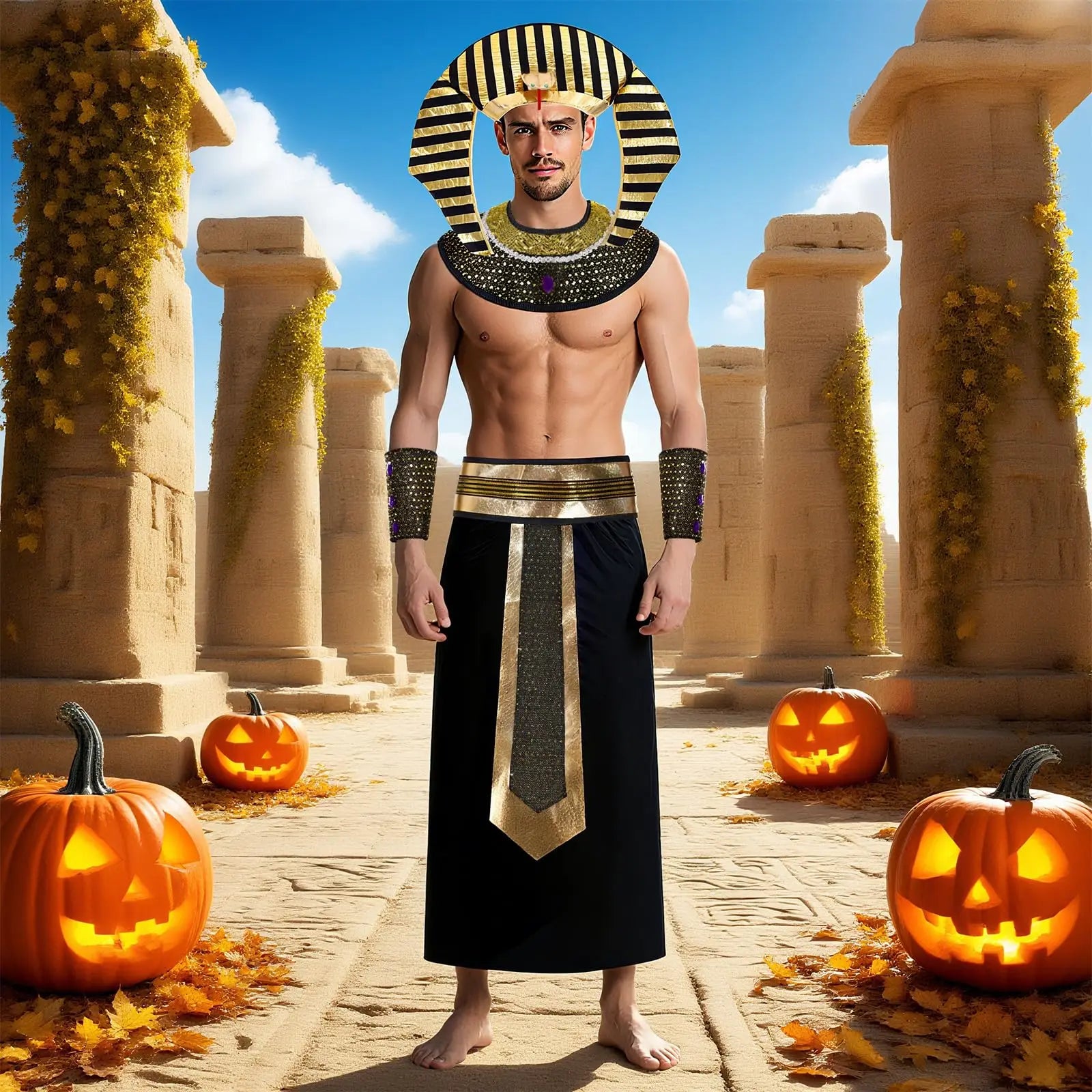 Egyptian Cleopatra Costume Accessories Pharaoh Headpiece Collar Belt Cuffs Halloween Anubis Sphinx Egypt King Tut Qme