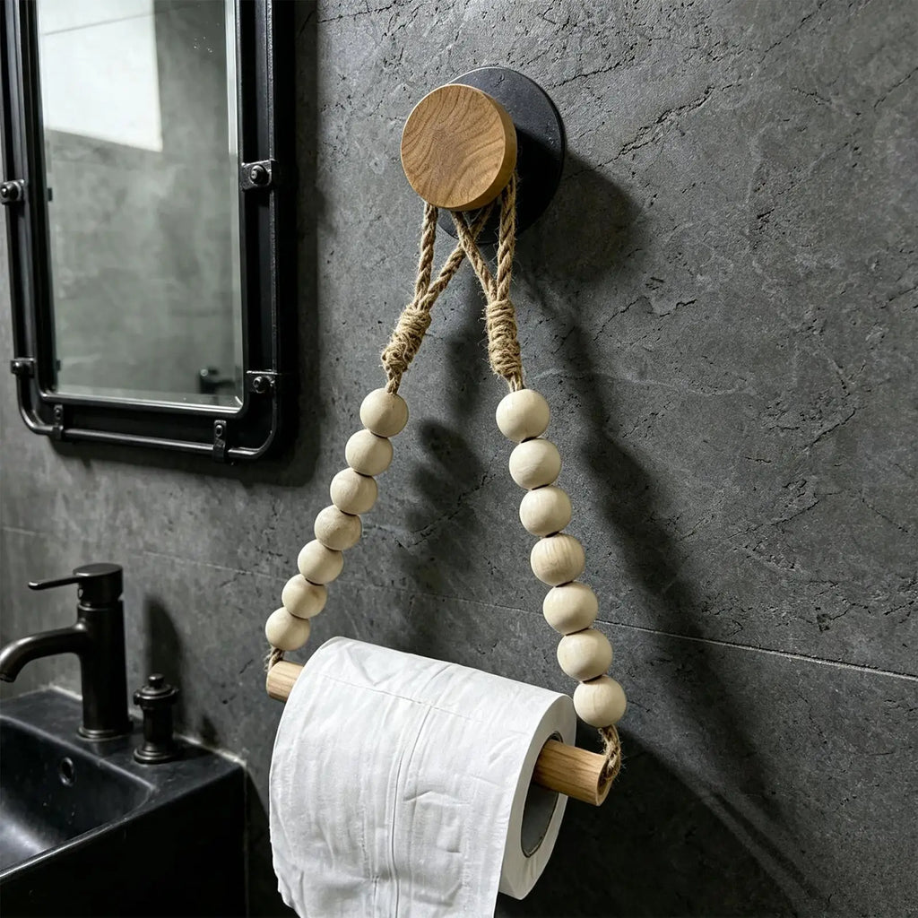 Wood Toilet Paper Holder Natural Wall Mounted Wooden Bead Stand Roll Qme