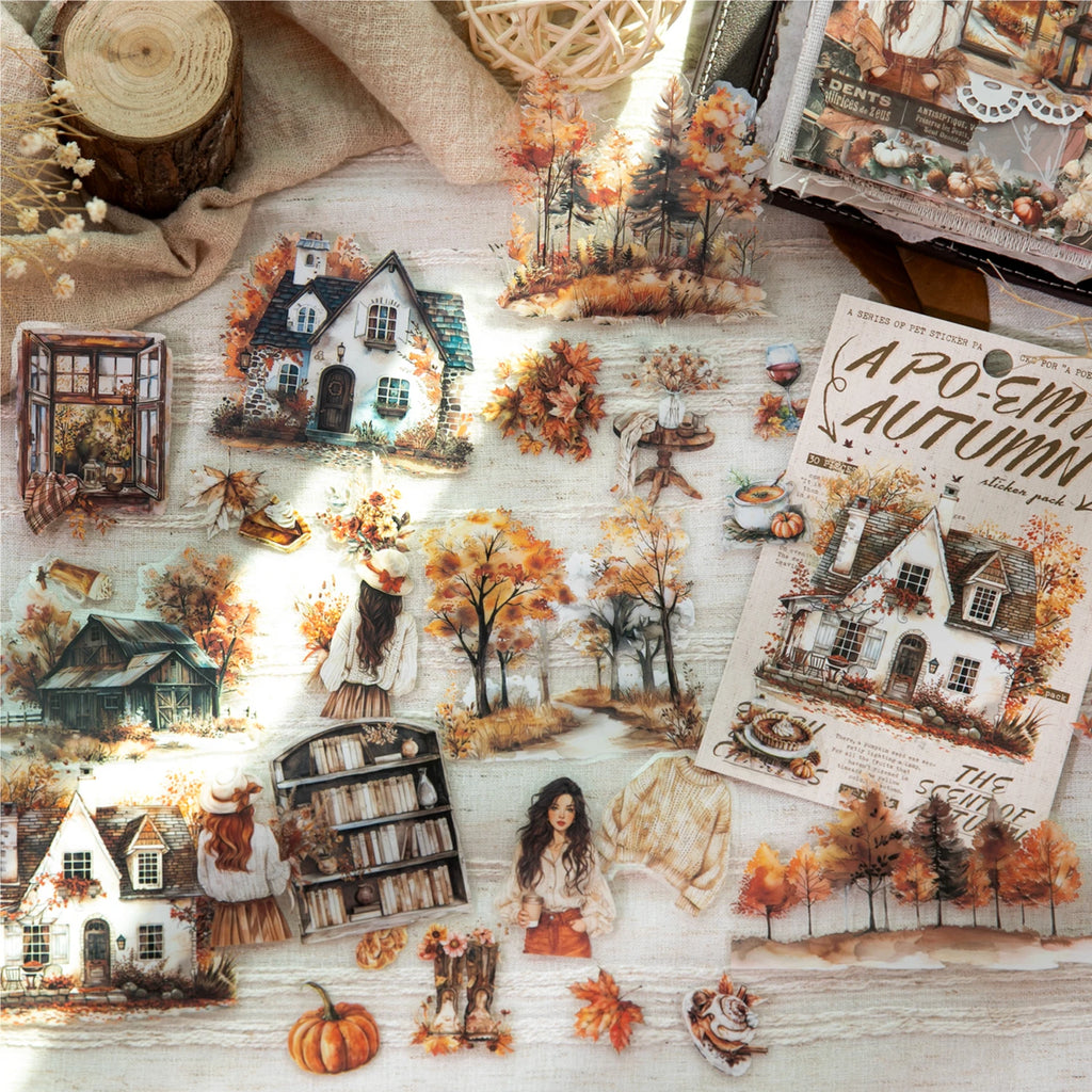 30 Sheets Autumn Fall Leaves Theme PET Stickers for DIY Craft Scrapbooking Collage Guitar Phone Case Decoration Qme