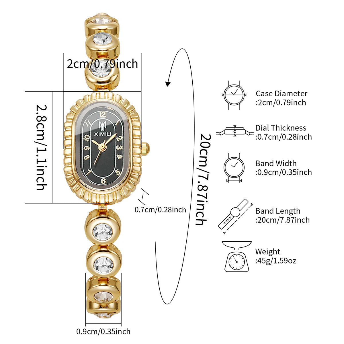 Women's Luxury Crystal Quartz Watch, Oval Black Dial with Diamond Bezel and Gold Tone Band, Casual/Office Wear Qme