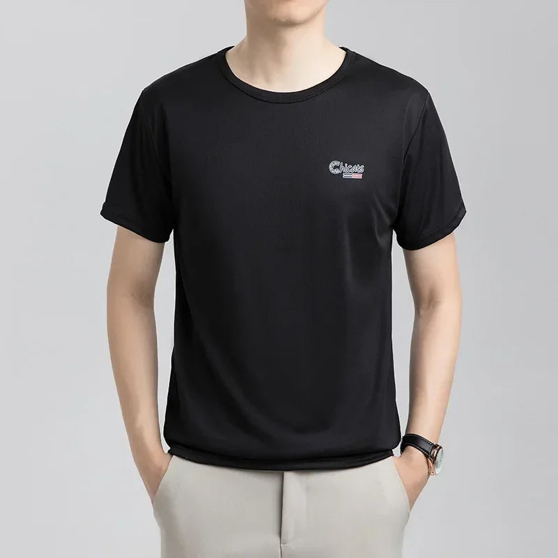 Summer Ice Silk T-shirt Men's Cold Short Sleeve O-neck Stretch Quick-drying Breathable Sports Shirt T Shirt Men Qme BK M