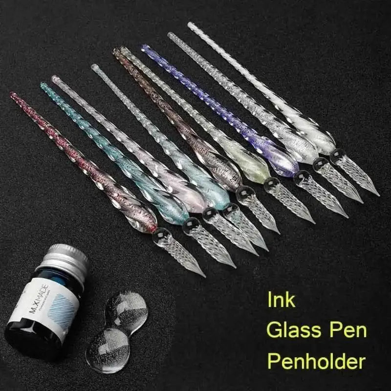 Crystal Glass Dipping Pen Box Colorful Gold Powder Ink Signature Qme
