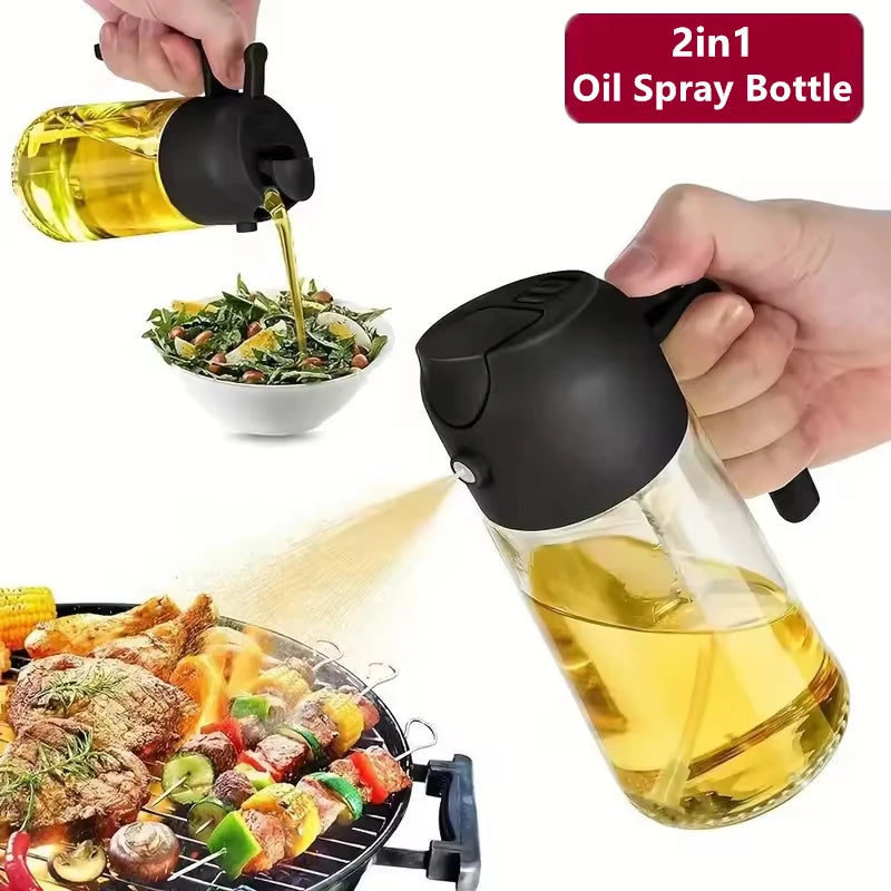 470 ml Oil Sprayer for Cooking, 2-in-1 Olive Oil Dispenser and Spray Bottle, Oil Spray with Stickers, Thick Glass Bottle Qme