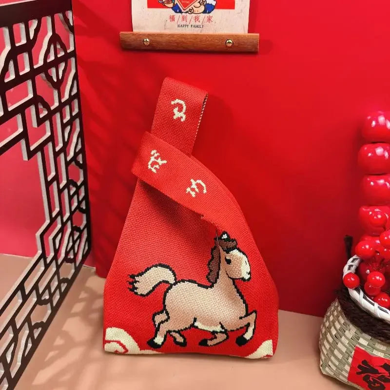 New 2026 Horse Year Cartoon Mascot Pony Knitted Bucket Bag For Women Fashion Large Capacity Portable Handbag New Year Gift Qme style 16
