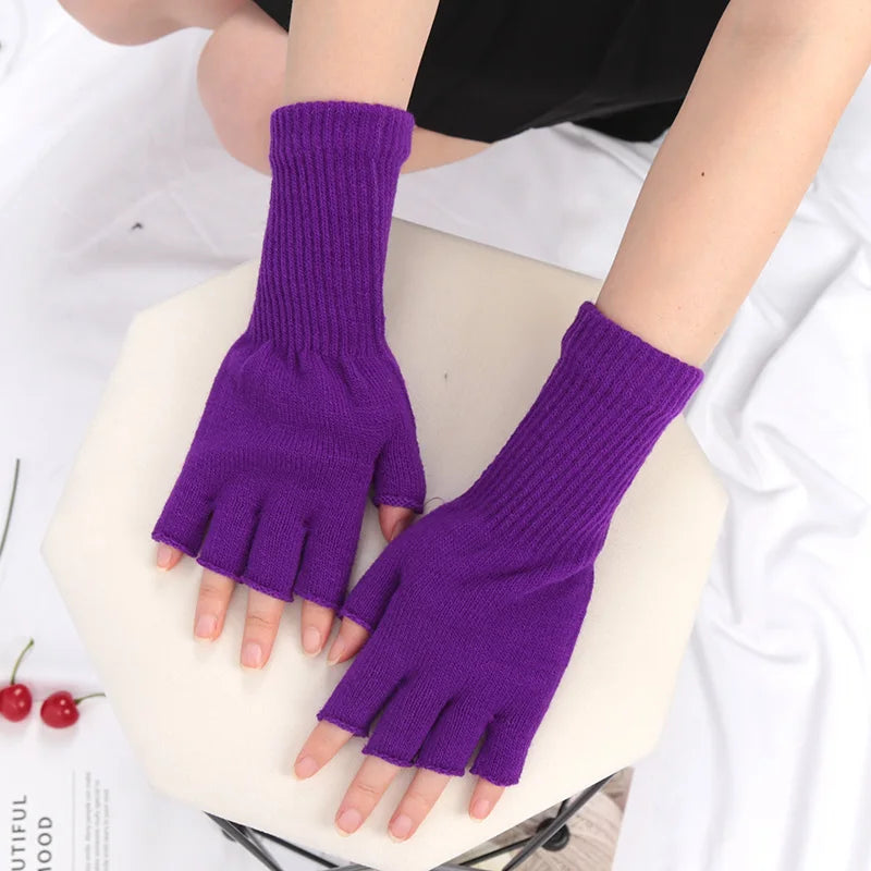 Long Gloves Black Fingerless Knitted Gloves for Men Women Warm Stretch Elastic Fashion Winter Outdoor Mitten Cycling Accessories Qme PURPLE one size