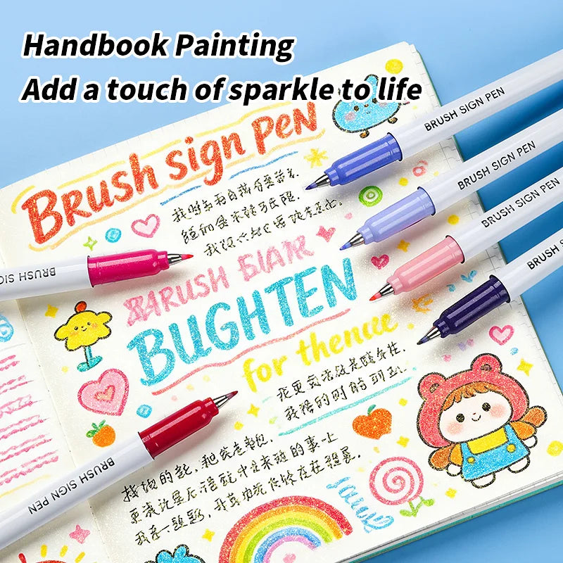 24 Colors Glitter Brush Art Pens – Dazzling Sparkle Markers with Acrylic Ink for Rock Ceramic Fabric Canvas & More Art Craft Qme