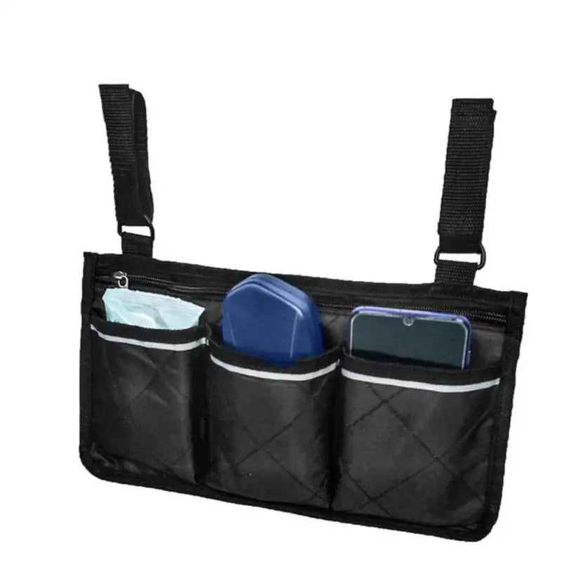 5 Colors Armrest Storage Bag for Wheelchair, Multi-Pocket Side Organizer with Zipper, Stylish & Practical Qme Black
