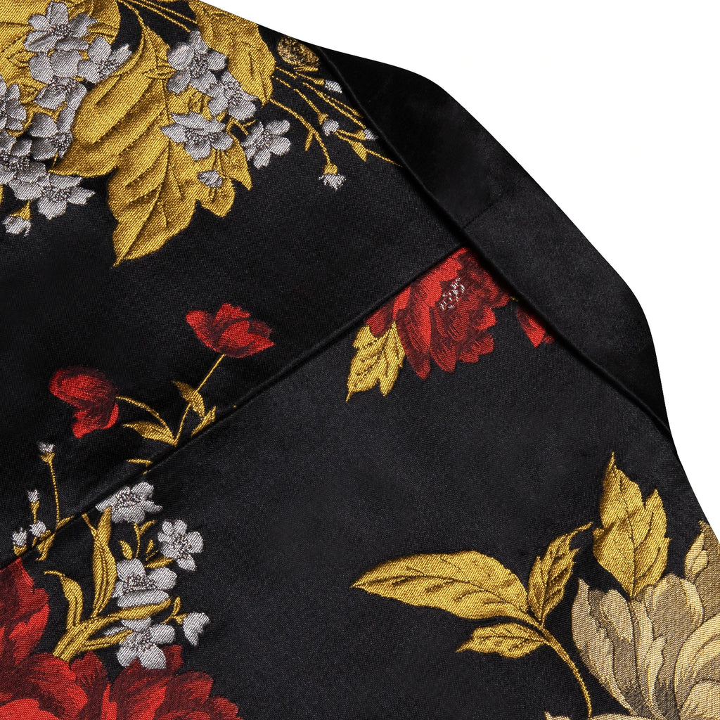 Men's Black Gold Red Floral Jacquard Shawl Lapel Blazer Single Breasted Tuxedo Jacket Suit Coat for Wedding Prom Party Outerwear Qme