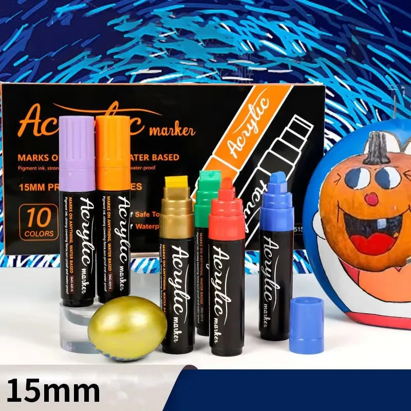10/12 Colors Jumbo 15/10mm Acrylic Paint Marker Pen Set, Extra Broad Chisel Tips Rock Painting Graffitti POP Advertise Art Pens Qme