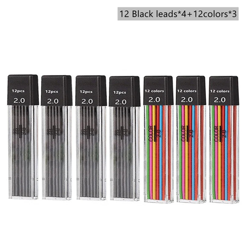 2.0mm Mechanical Pencil Set with 2B Black/Colors Lead Refill for Writing Sketching Art Drawing Painting School Automatic Pencil Qme 7 box Mix refills