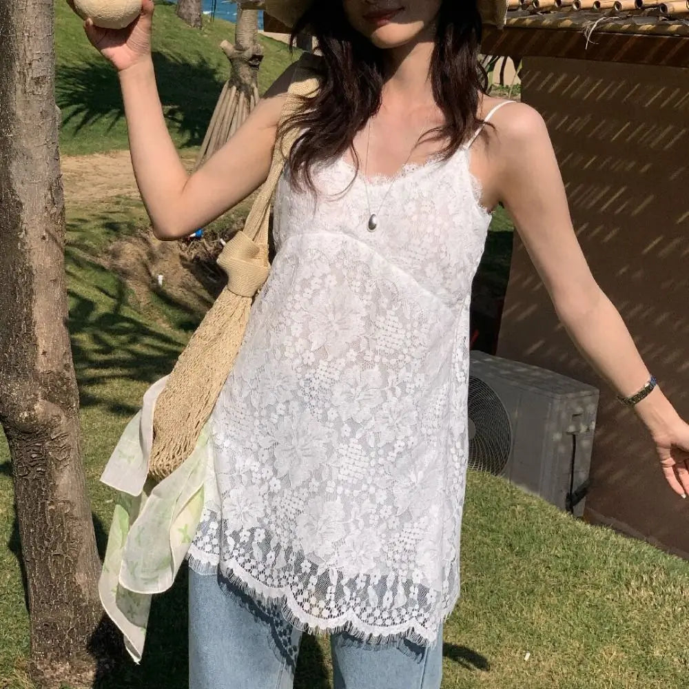 Elegant Beach Wear Lace Camisole Skirt Sweet Loose Lace-edged Summer Qme