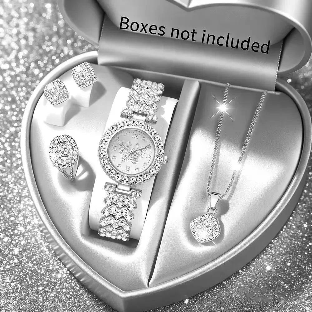 5PCS Luxury Rhinestone Butterfly Dial Women's Quartz Watch Elegant Ladies Bracelet Wristwatch Jewelry Set Qme Silver No