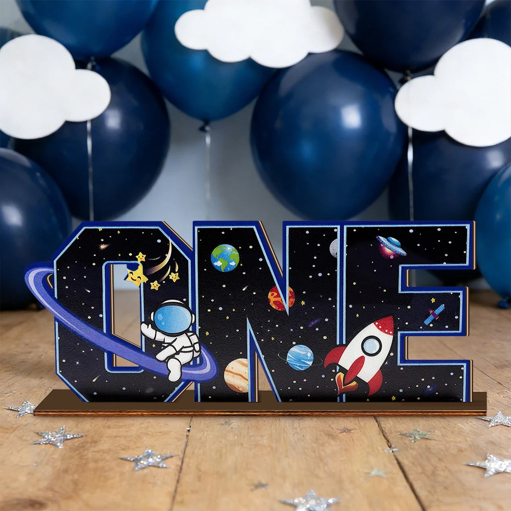 1SET 2D Universe Starry Sky Theme "ONE" Letter Wooden Desktop Decoration, Birthday Party Desktop Decoration Qme Default Title