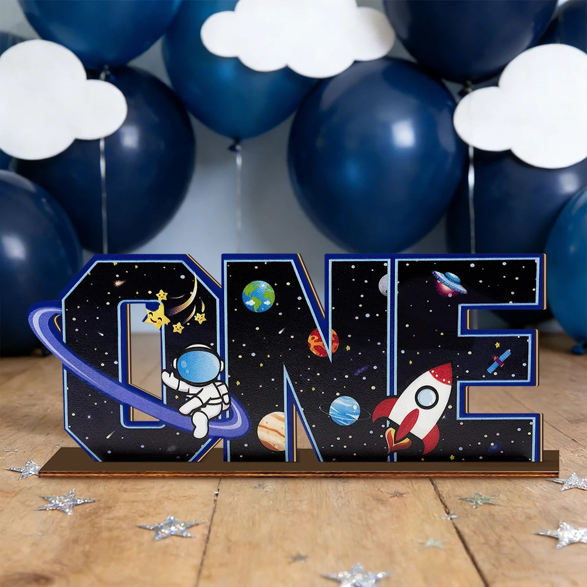 1SET 2D Universe Starry Sky Theme "ONE" Letter Wooden Desktop Decoration, Birthday Party Desktop Decoration Qme Default Title