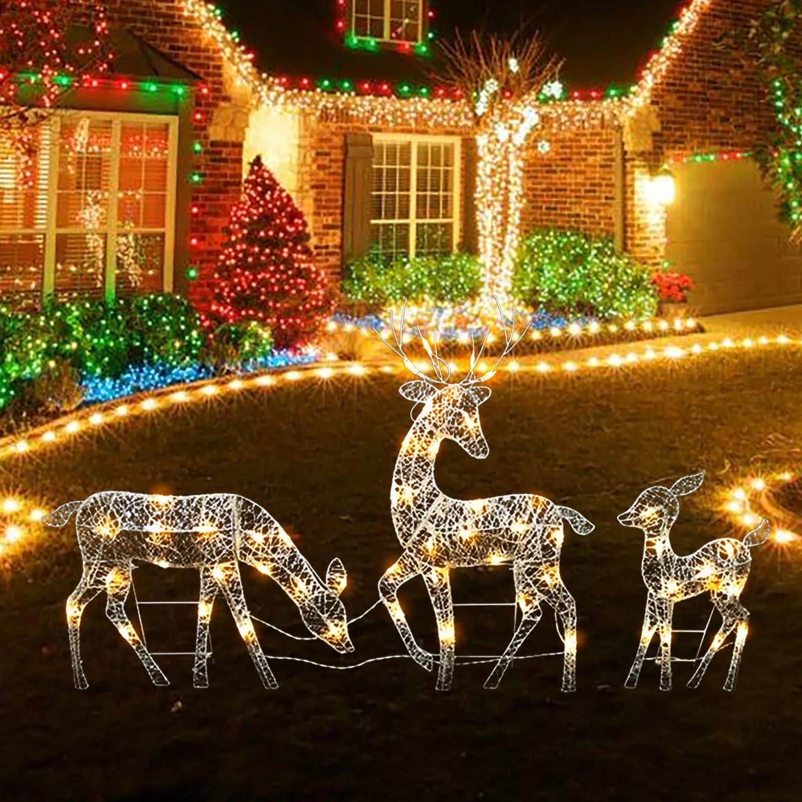 3PCS Christmas Reindeer Family Lighted Deer Christmas Decoration LED Lights Glowing Reindeer Xmas Home Outdoor Garden Ornament Qme