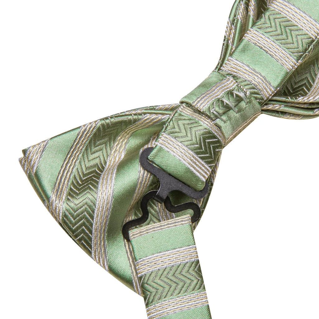 Hi-Tie Pea Green Silk Mens Striped Pre-tied Bow Tie Hanky Cufflinks Set Butterfly Knot Bowtie for Male Wedding Business Qme