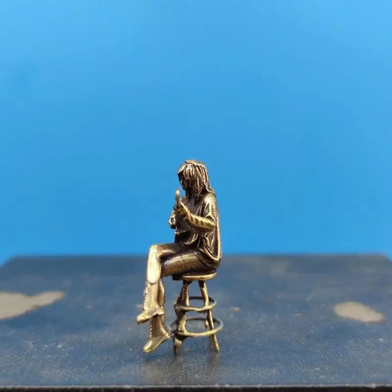 Retro Bar Female Guitarist Doll Figurine Vintage Brass Statue Model Mini Craft Figure Desktop Ornament Office Home Decoration Qme