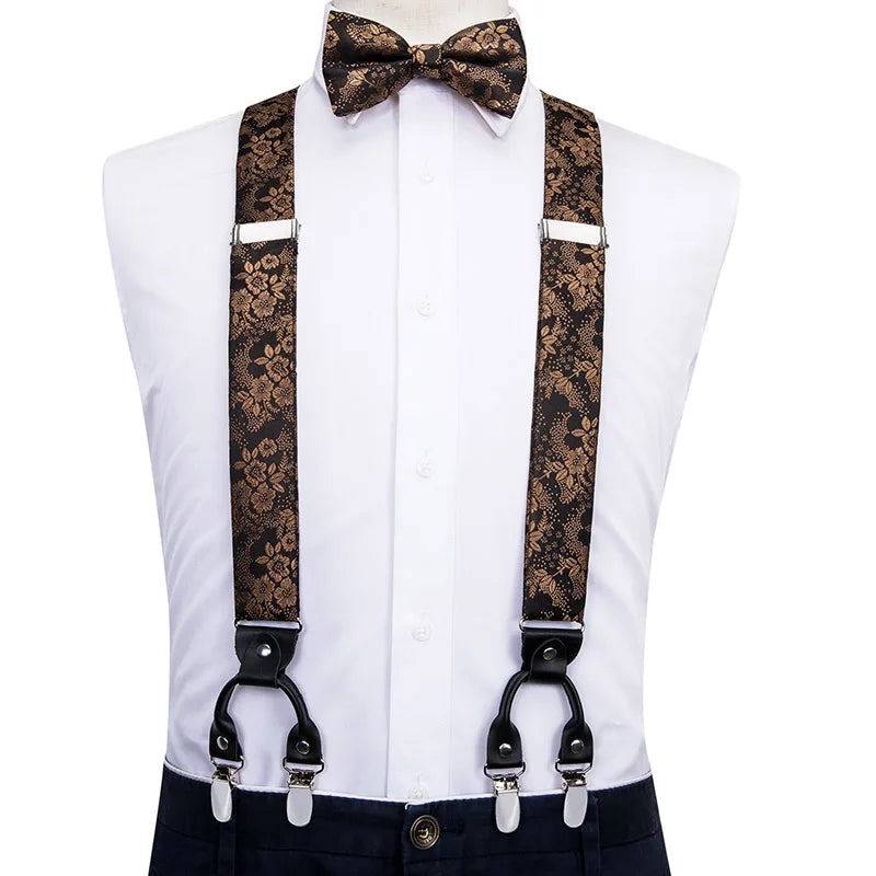 Silk Woven Mens Suspenders Bow Tie Hanky Cufflinks Strength 6 Clips