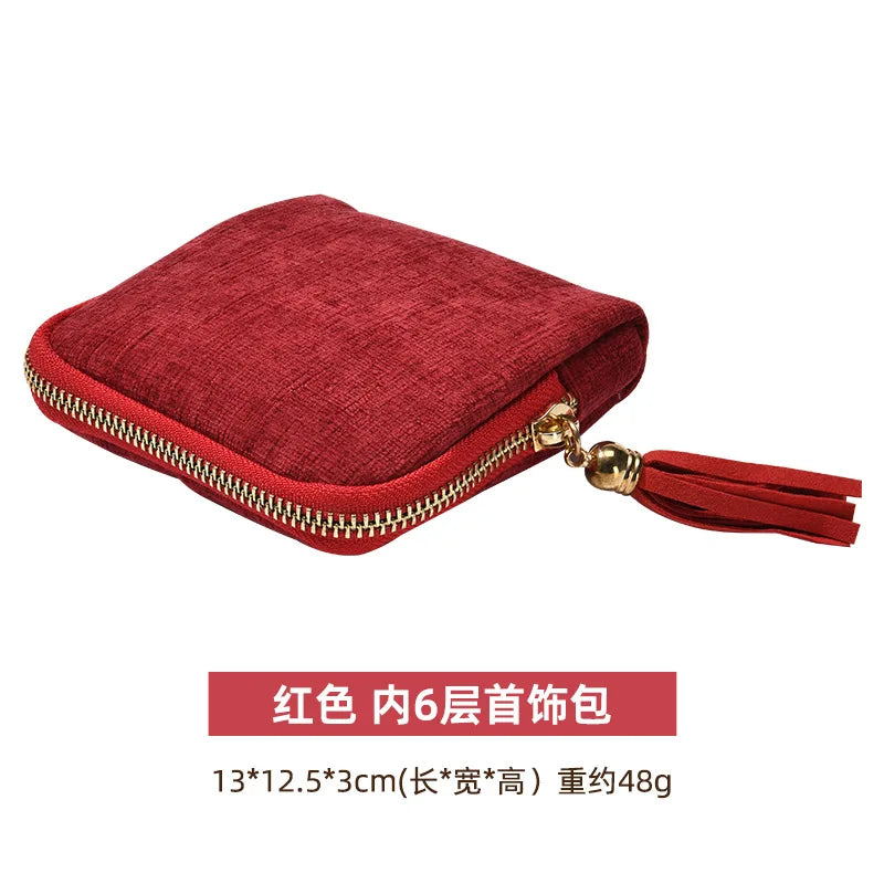 Tassel Jewelry Organizer Bag Portable Travel Case with Metal Zipper for Bracelets Jade Bangles Necklaces Rings Storage Pouch Qme Wine Red