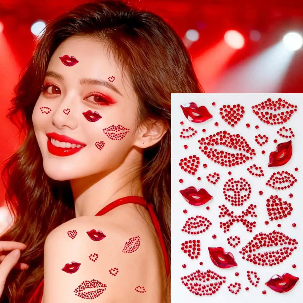 Red Heart Lips Rhinestone Tattoos Self-adhesive Glitter Face Body Qme