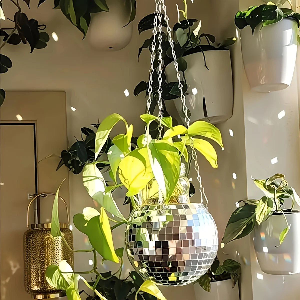 Bohemian Geometric Party Ball Hanging Mirror with Metal Chain And Wood Ring Multi-Purpose Storage for Pens Makeup Brushes Indoor Qme